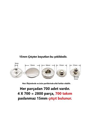 Tuhafiyecimiz 700 adet 15mm Paslanmaz Büyük Çıtçıt (Kalıpsızdır) [Nikel/Gümüş Renk]